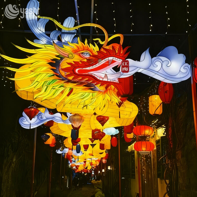 Custom Suspended Chinese Dragon Zigong Lantern, Hanging Dragon Head With Cloud & Antique Lantern LED Light Sculpture, Waterproof Walkway Passage Light Installation