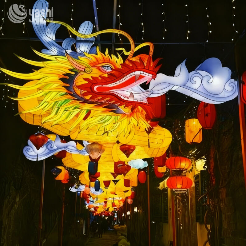 Custom Suspended Chinese Dragon Zigong Lantern, Hanging Dragon Head With Cloud & Antique Lantern LED Light Sculpture, Waterproof Walkway Passage Light Installation