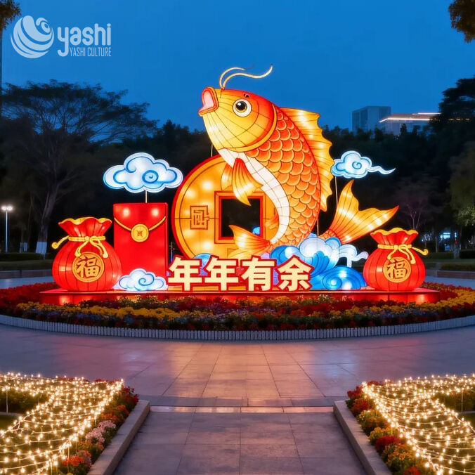 Custom Chinese Koi Fish Zigong Lantern, Annual Surplus New Year LED Light Sculpture, Waterproof Outdoor Spring Festival Light Installation