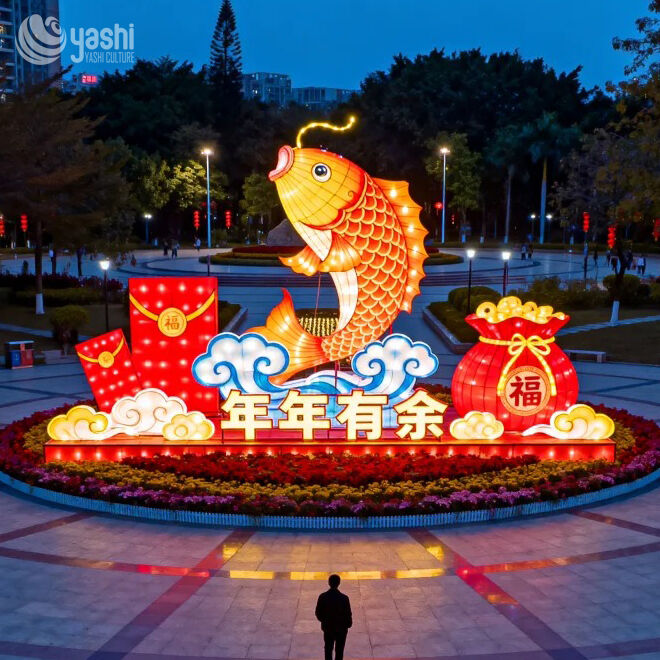 Custom Chinese Koi Fish Zigong Lantern, Annual Surplus New Year LED Light Sculpture, Waterproof Outdoor Spring Festival Light Installation