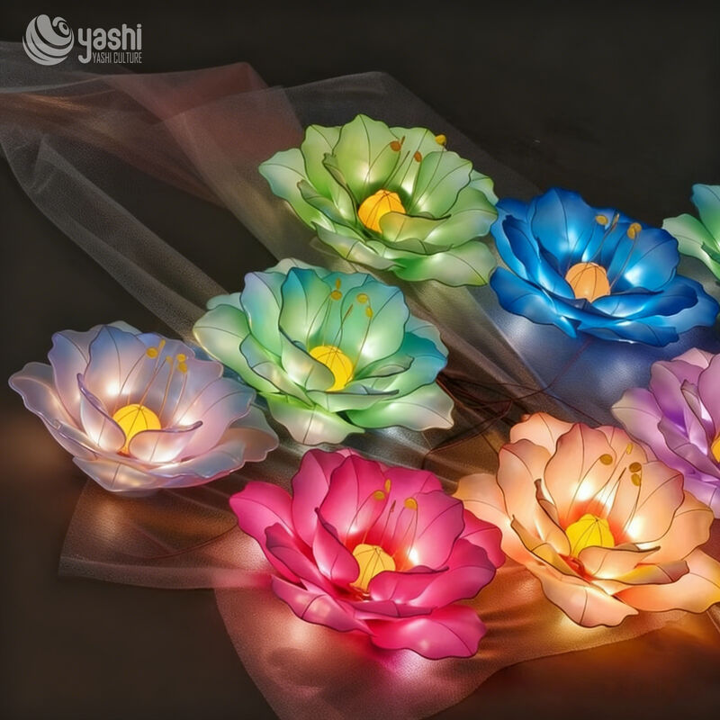 Zestaw ręcznie robionych lampionów LED z wielokolorowych tkanin kwiatowych, ręcznie robione ozdoby świetlne z kwiatów do dekoracji festiwalowej