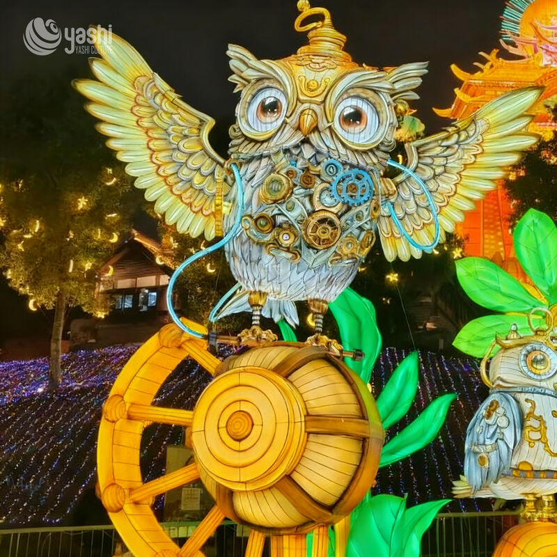 Custom Steampunk Gear‑Style Owl Zigong Lantern, Large LED Mechanical Bird Light Sculpture for Outdoor Theme Night Festival