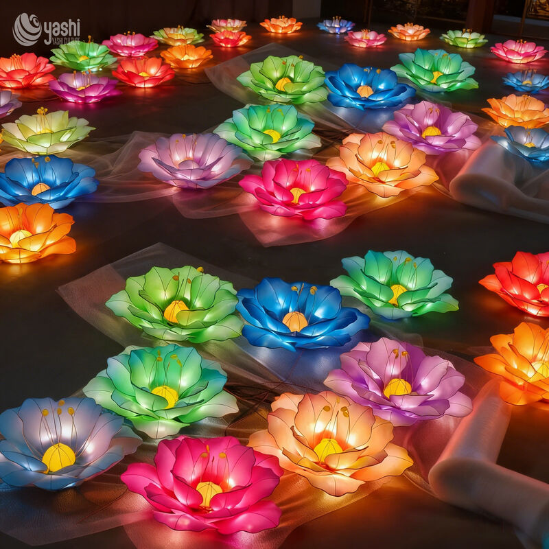 Zestaw ręcznie robionych lampionów LED z wielokolorowych tkanin kwiatowych, ręcznie robione ozdoby świetlne z kwiatów do dekoracji festiwalowej