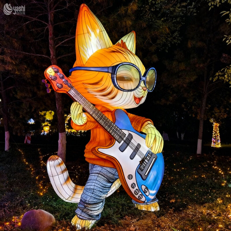 Custom Cartoon Rock Cat Lantern, Music Guitar Playing Cat LED Light Sculpture for Theme Light Festival