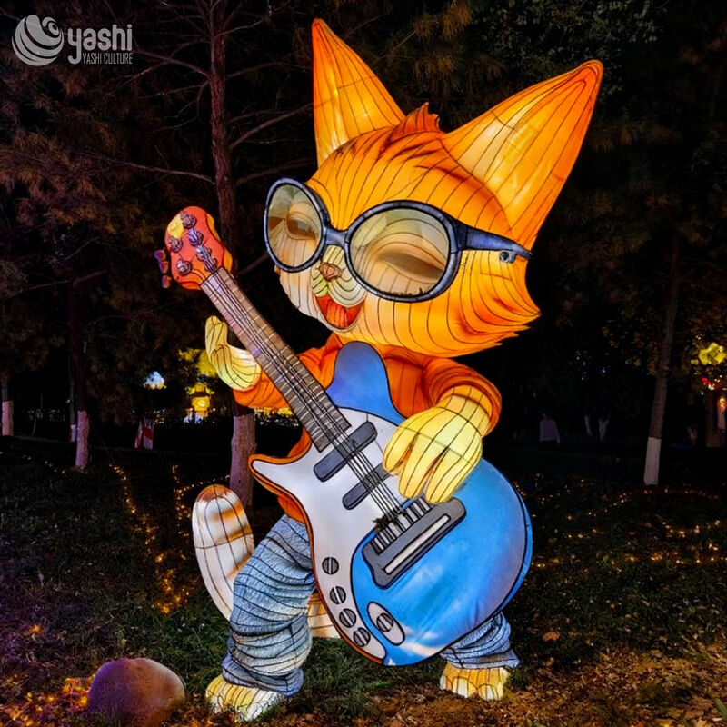 Custom Cartoon Rock Cat Lantern, Music Guitar Playing Cat LED Light Sculpture for Theme Light Festival