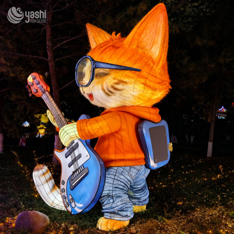 Custom Cartoon Rock Cat Lantern, Music Guitar Playing Cat LED Light Sculpture for Theme Light Festival