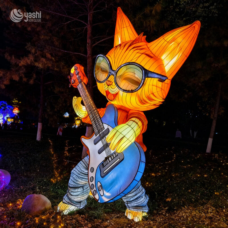 Custom Cartoon Rock Cat Lantern, Music Guitar Playing Cat LED Light Sculpture for Theme Light Festival