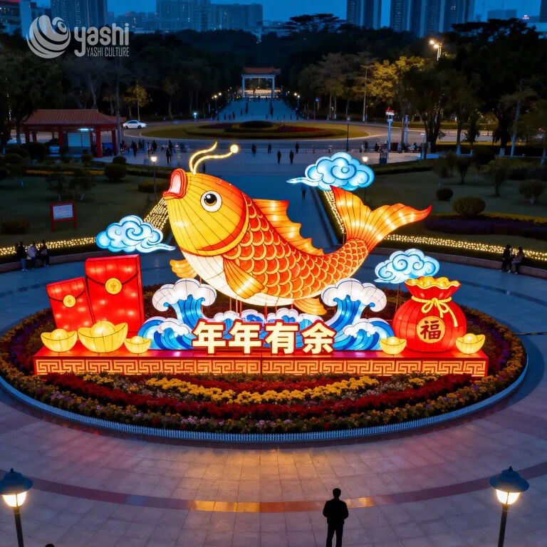 Custom Chinese Koi Fish Zigong Lantern, Annual Surplus New Year LED Light Sculpture, Waterproof Outdoor Spring Festival Light Installation
