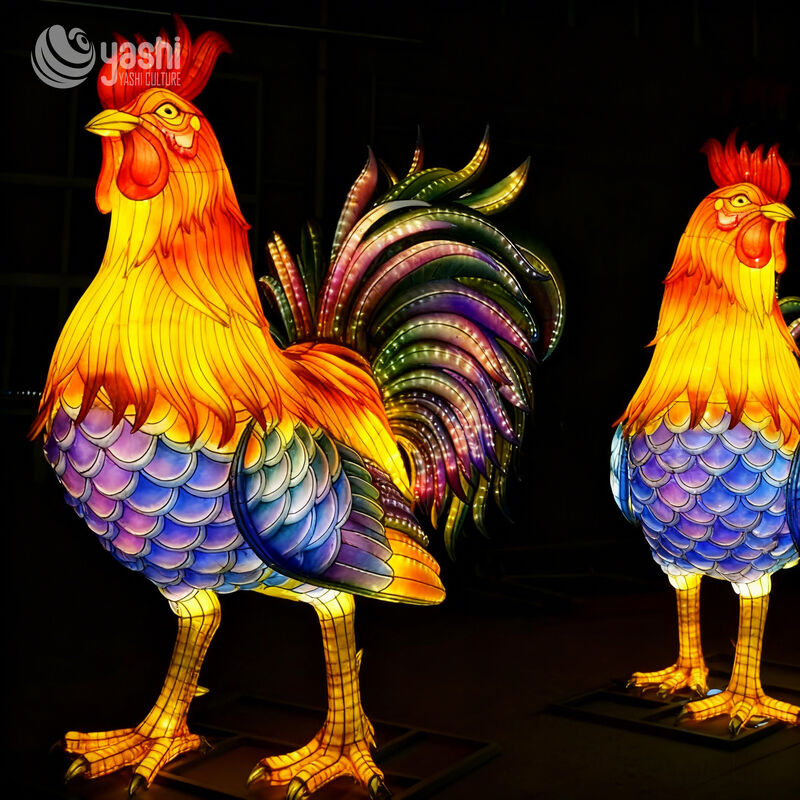 Custom Vibrant Rooster Zigong Lantern, Large LED Colorful Chicken Light Sculpture for Outdoor Lunar Festival Display