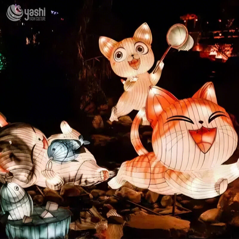 Custom Cartoon Cat Group Lantern Set, Cute Fishing Cats LED Light Sculpture for Theme Festival Display