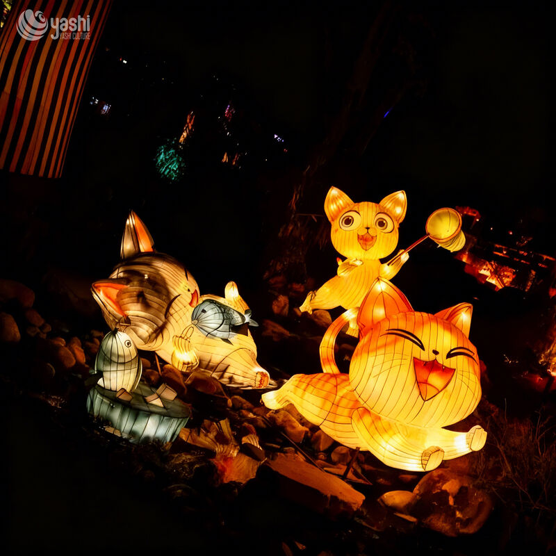 Custom Cartoon Cat Group Lantern Set, Cute Fishing Cats LED Light Sculpture for Theme Festival Display