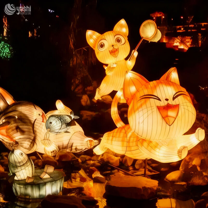 Custom Cartoon Cat Group Lantern Set, Cute Fishing Cats LED Light Sculpture for Theme Festival Display