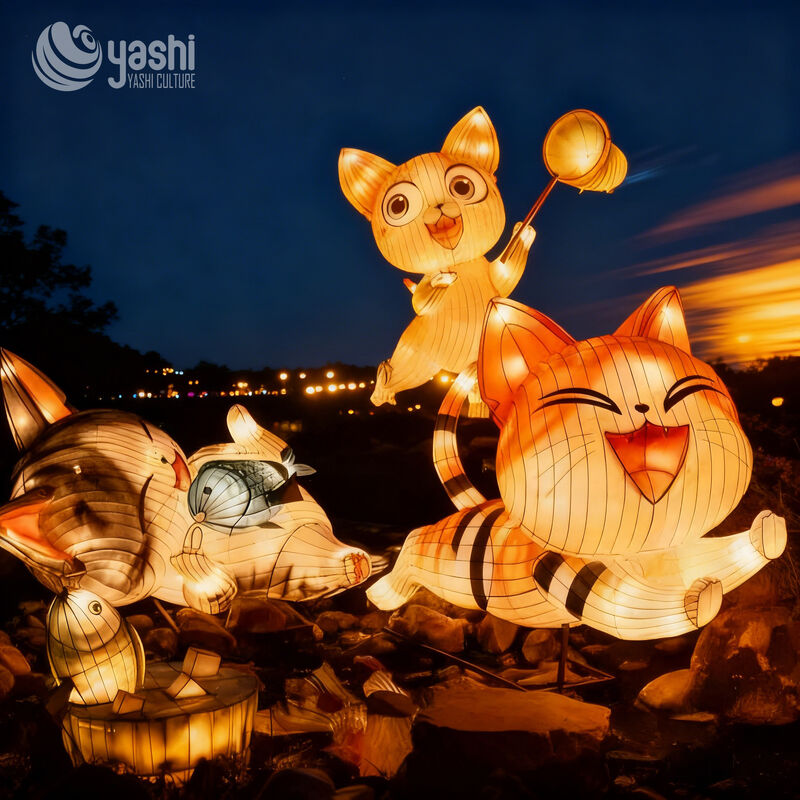 Custom Cartoon Cat Group Lantern Set, Cute Fishing Cats LED Light Sculpture for Theme Festival Display