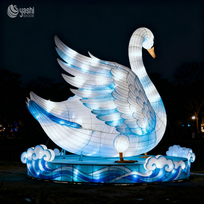 Custom Large White‑Blue Swan Zigong Lantern, LED Water Bird Light Sculpture with Wave Base for Outdoor Night Festival