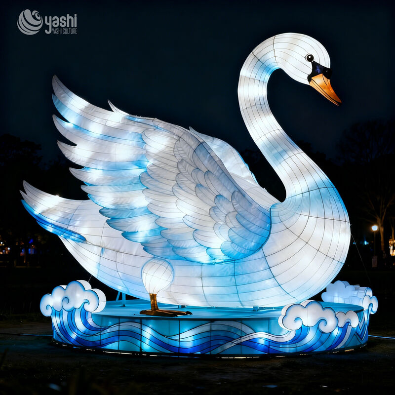 Custom Large White‑Blue Swan Zigong Lantern, LED Water Bird Light Sculpture with Wave Base for Outdoor Night Festival