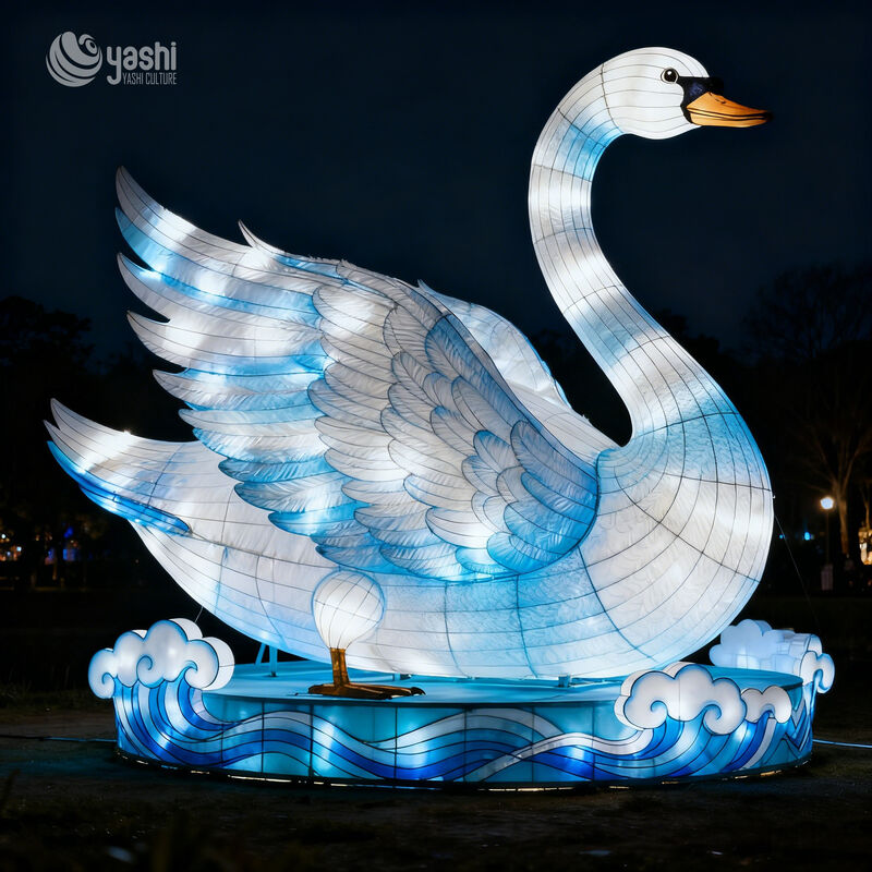 Custom Large White‑Blue Swan Zigong Lantern, LED Water Bird Light Sculpture with Wave Base for Outdoor Night Festival