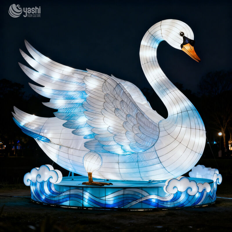 Custom Large White‑Blue Swan Zigong Lantern, LED Water Bird Light Sculpture with Wave Base for Outdoor Night Festival