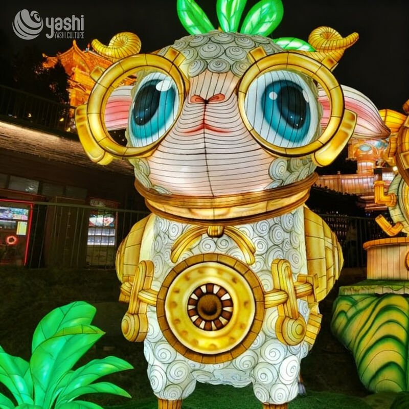 Custom Cute Cartoon Sheep Lantern, Steampunk Style Animal LED Light Sculpture for Theme Park & Spring Festival Light Show