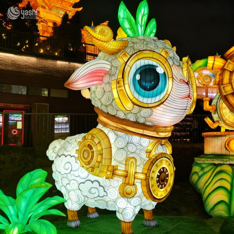 Custom Cute Cartoon Sheep Lantern, Steampunk Style Animal LED Light Sculpture for Theme Park & Spring Festival Light Show