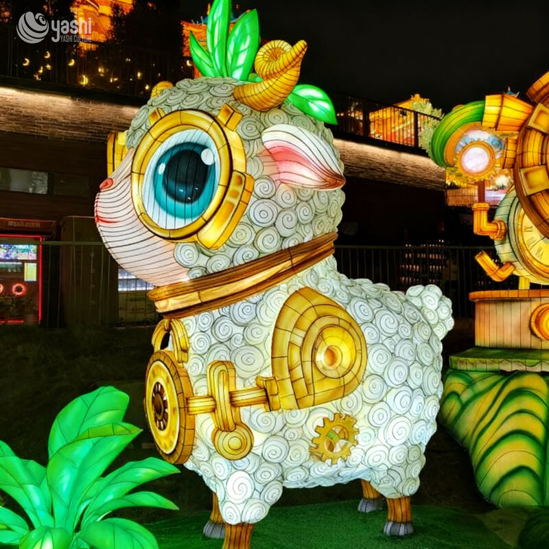 Custom Cute Cartoon Sheep Lantern, Steampunk Style Animal LED Light Sculpture for Theme Park & Spring Festival Light Show