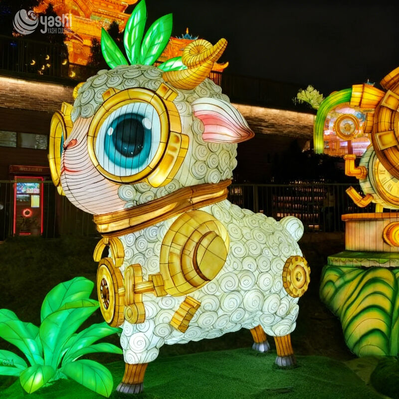 Custom Cute Cartoon Sheep Lantern, Steampunk Style Animal LED Light Sculpture for Theme Park & Spring Festival Light Show