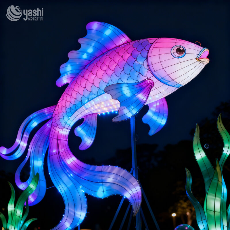 Custom Color‑Changing Koi Fish LED Lantern, Gradient Carp Light Sculpture with Seaweed for Water‑Theme Park Lantern Show