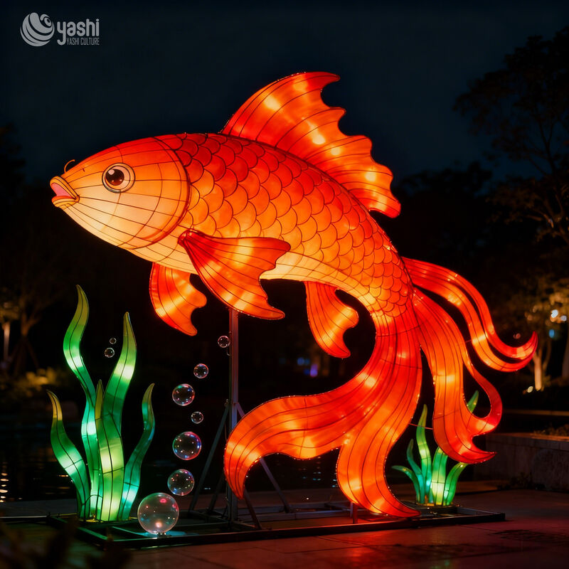 Custom Color‑Changing Koi Fish LED Lantern, Gradient Carp Light Sculpture with Seaweed for Water‑Theme Park Lantern Show