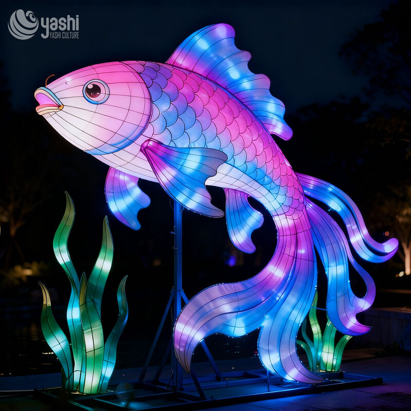 Custom Color‑Changing Koi Fish LED Lantern, Gradient Carp Light Sculpture with Seaweed for Water‑Theme Park Lantern Show