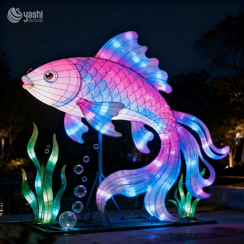 Custom Color‑Changing Koi Fish LED Lantern, Gradient Carp Light Sculpture with Seaweed for Water‑Theme Park Lantern Show
