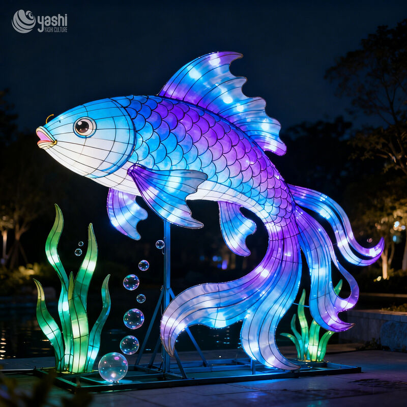 Custom Color‑Changing Koi Fish LED Lantern, Gradient Carp Light Sculpture with Seaweed for Water‑Theme Park Lantern Show
