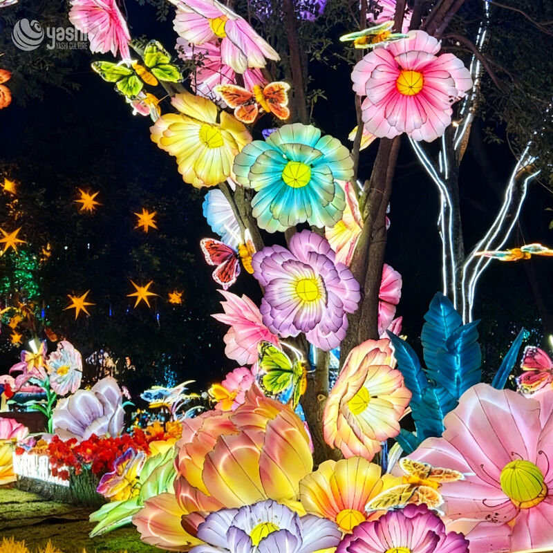 Custom Flower & Butterfly LED Lantern Group, Colorful Floral Light Sculpture for Garden & Park Light Festival