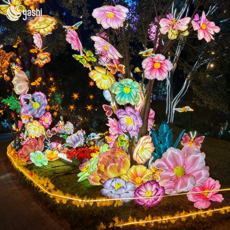 Custom Flower & Butterfly LED Lantern Group, Colorful Floral Light Sculpture for Garden & Park Light Festival