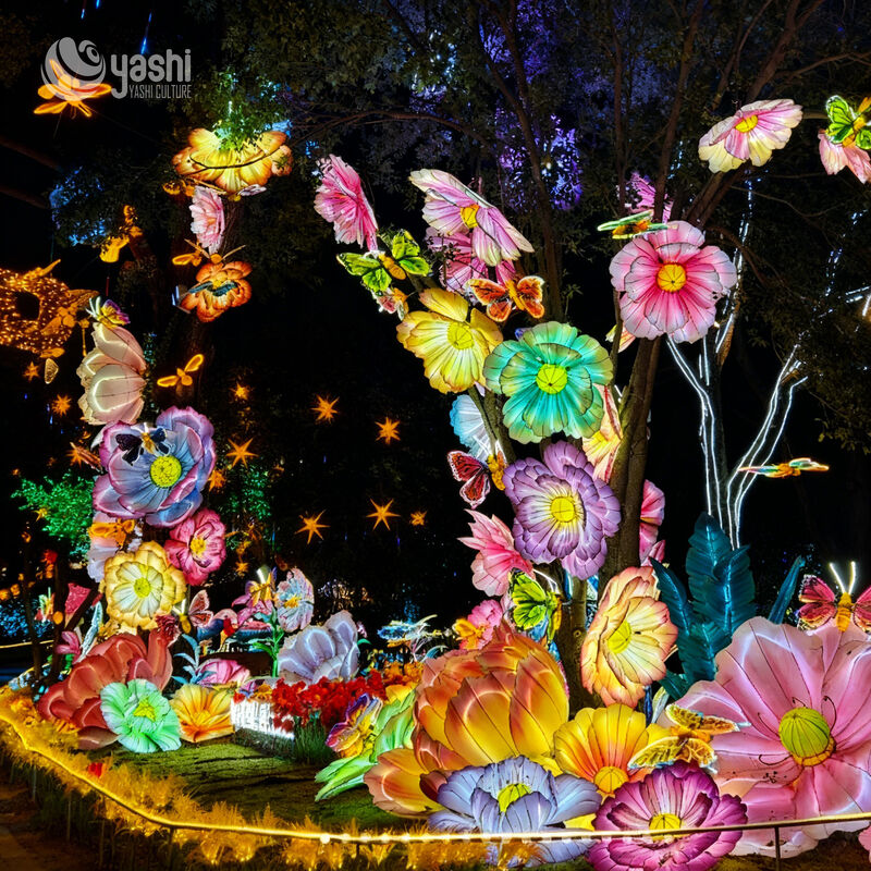 Custom Flower & Butterfly LED Lantern Group, Colorful Floral Light Sculpture for Garden & Park Light Festival