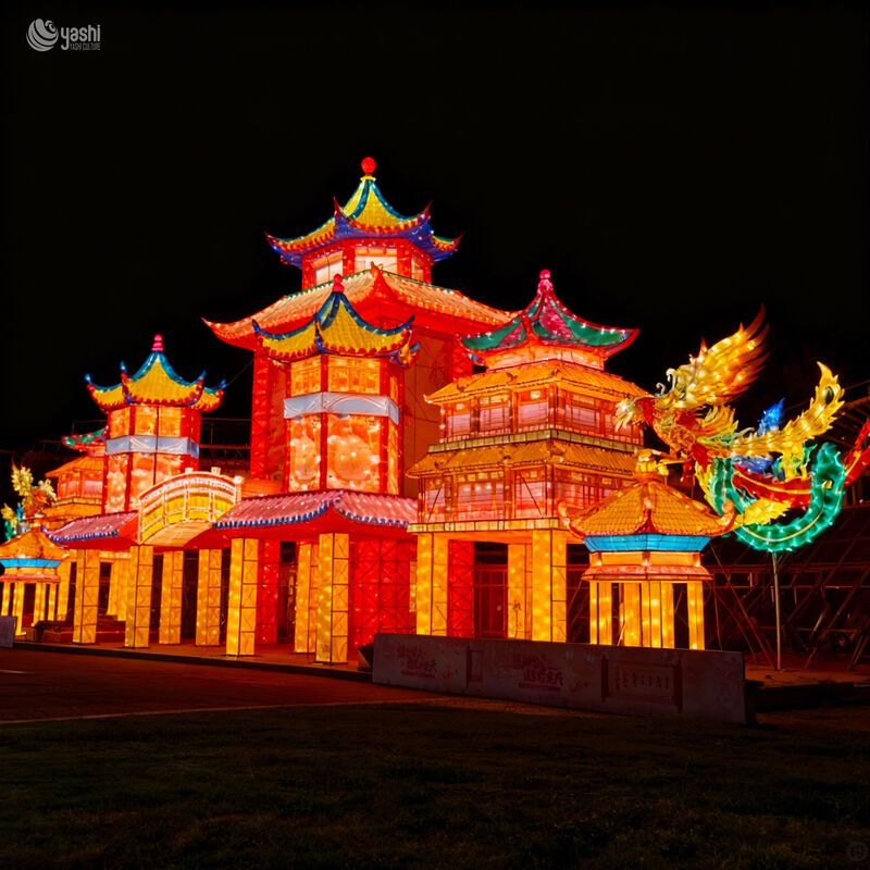 Custom Chinese Ancient Pavilion Building Zigong Lantern, Traditional Ancient Palace LED Light Sculpture, Waterproof Outdoor Festival Light Installation