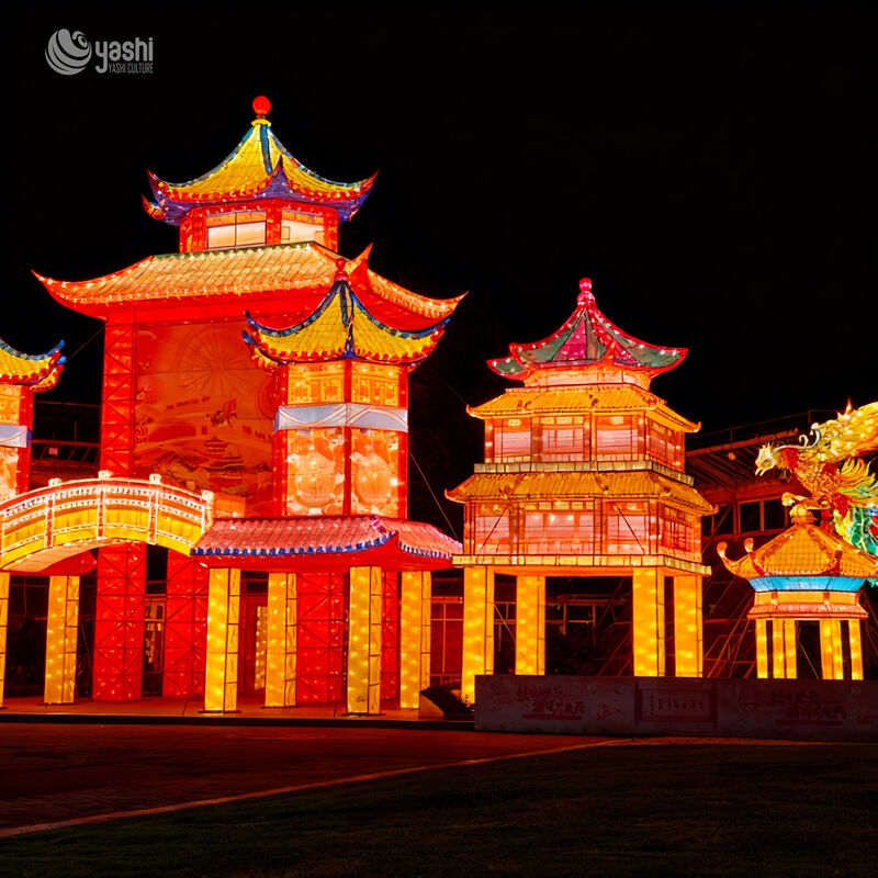 Custom Chinese Ancient Pavilion Building Zigong Lantern, Traditional Ancient Palace LED Light Sculpture, Waterproof Outdoor Festival Light Installation