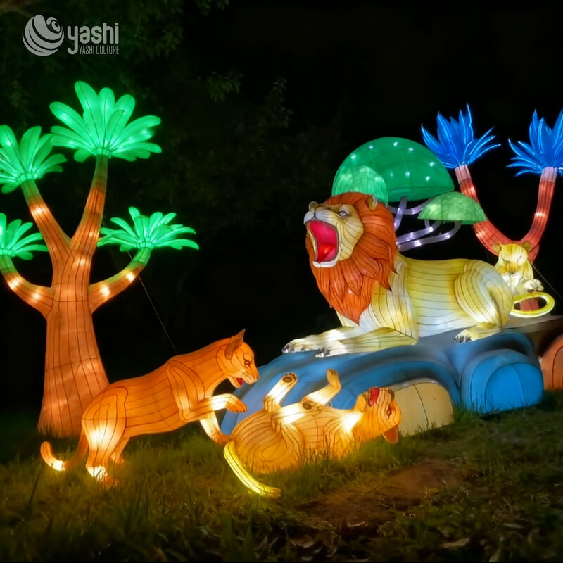 Traditional Chinese Silk Lantern with Animal Patterns - Lion and Tiger LED Lantern for Outdoor Garden Decoration
