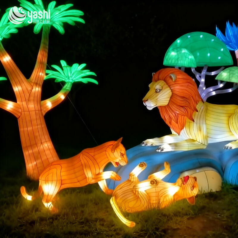 Custom Roaring Lion Family Lantern Scene | Safari Wildlife LED Light Sculpture for Jungle‑Theme Light Exhibition
