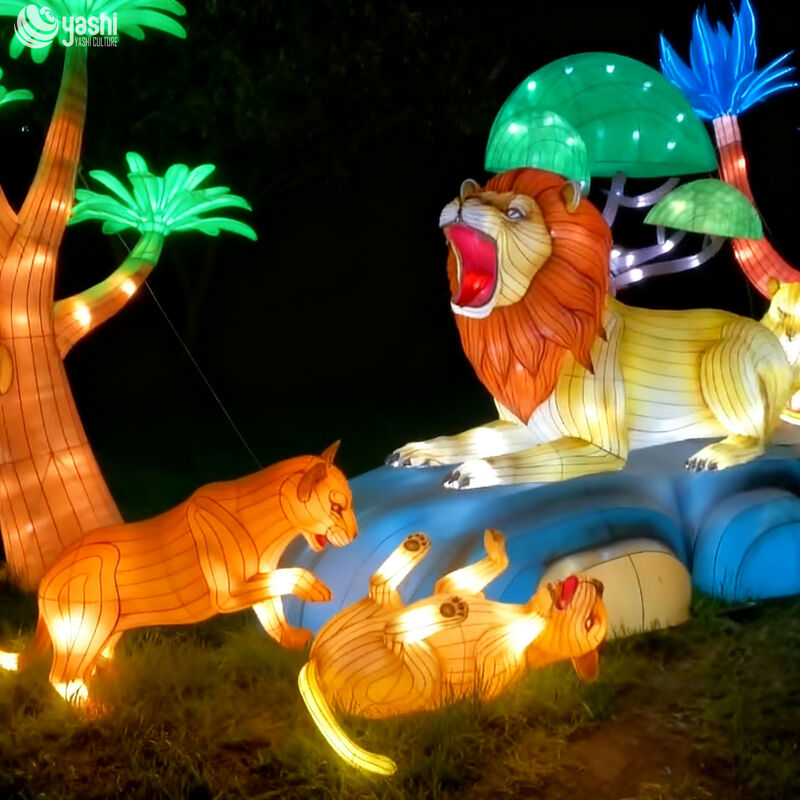 Traditional Chinese Silk Lantern with Animal Patterns - Lion and Tiger LED Lantern for Outdoor Garden Decoration