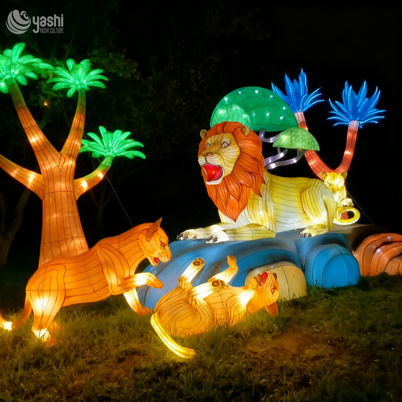 Traditional Chinese Silk Lantern with Animal Patterns - Lion and Tiger LED Lantern for Outdoor Garden Decoration