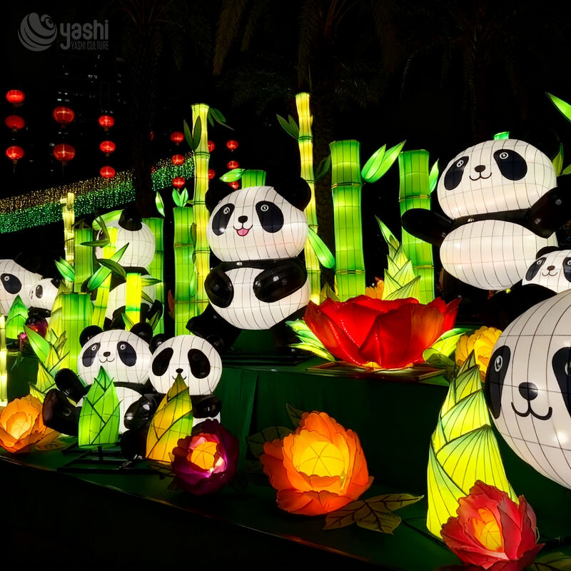Custom Panda LED Lantern Scene, Chinese Giant Panda Light Sculpture with Bamboo & Flower for Cultural Theme Park Exhibition