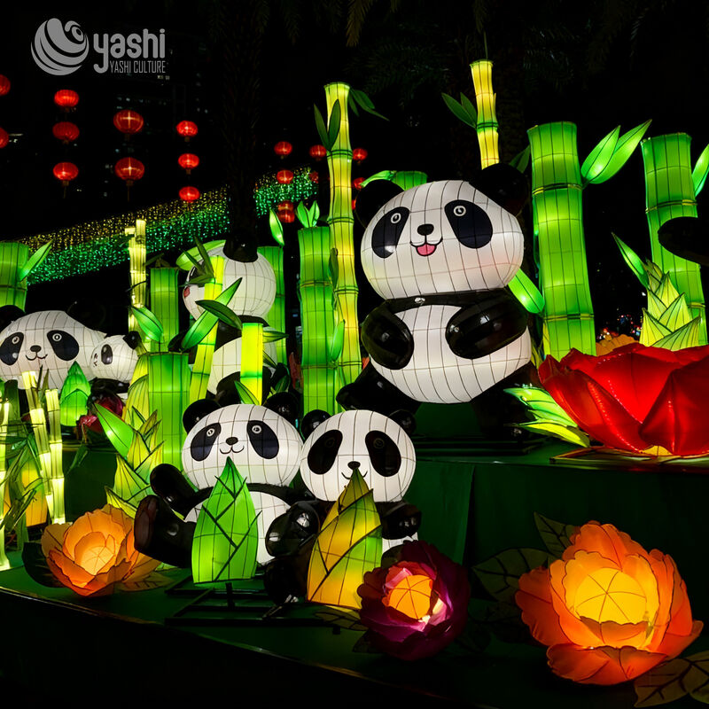 Custom Panda LED Lantern Scene, Chinese Giant Panda Light Sculpture with Bamboo & Flower for Cultural Theme Park Exhibition