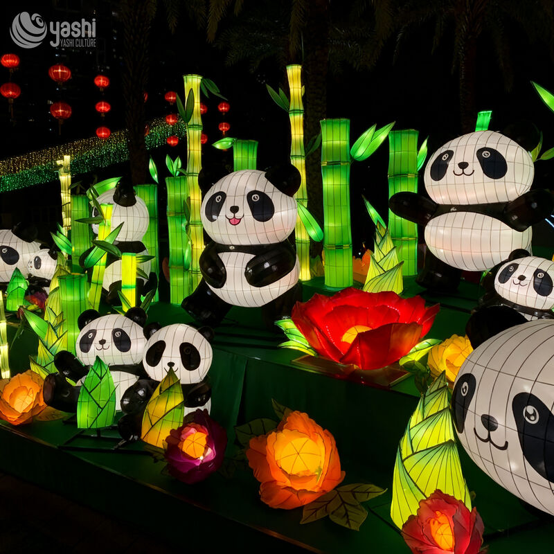 Custom Panda LED Lantern Scene, Chinese Giant Panda Light Sculpture with Bamboo & Flower for Cultural Theme Park Exhibition