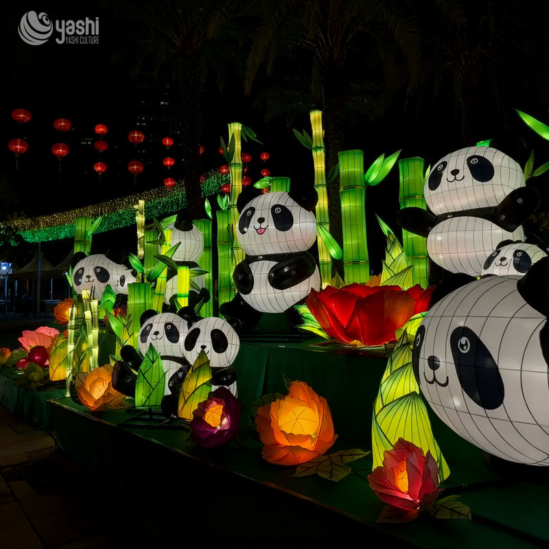 Custom Panda LED Lantern Scene, Chinese Giant Panda Light Sculpture with Bamboo & Flower for Cultural Theme Park Exhibition