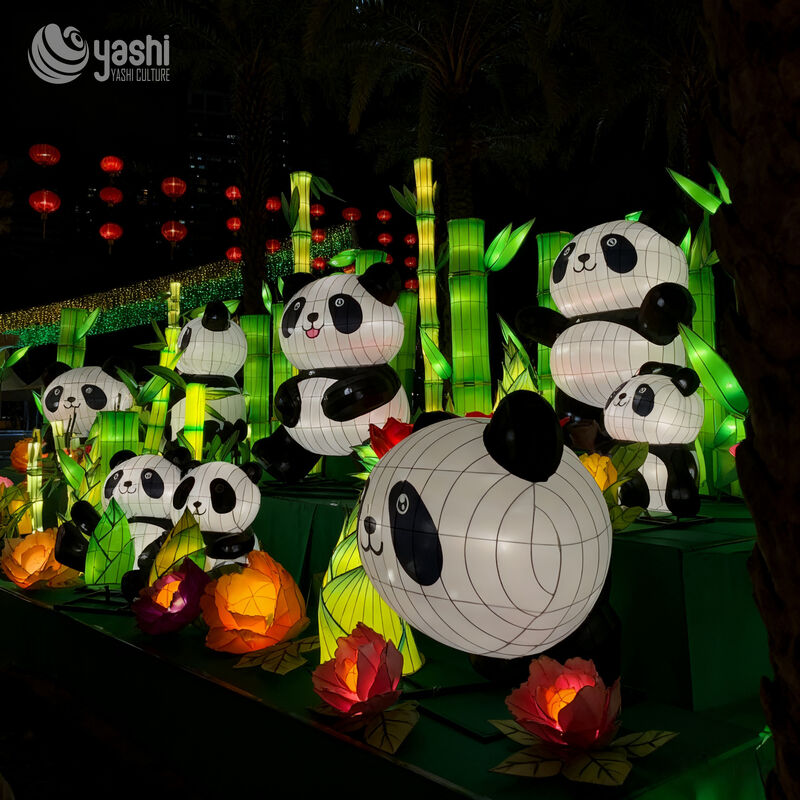 Custom Panda LED Lantern Scene, Chinese Giant Panda Light Sculpture with Bamboo & Flower for Cultural Theme Park Exhibition