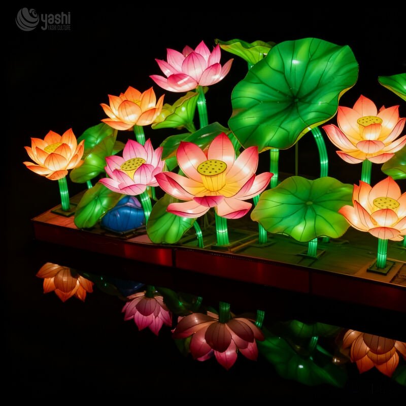 Niestandardowy Lotus Flower with Leaf LED Lantern Set, tradycyjna chińska rzeźba z lilii wodnej na Park Pond Light Festival