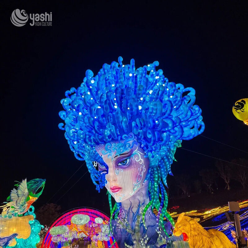 Custom Mystical Blue Ocean Goddess & Sea Dragon Zigong Lantern, Fantasy Character LED Light Sculpture, Waterproof Outdoor Theme Park Light Installation