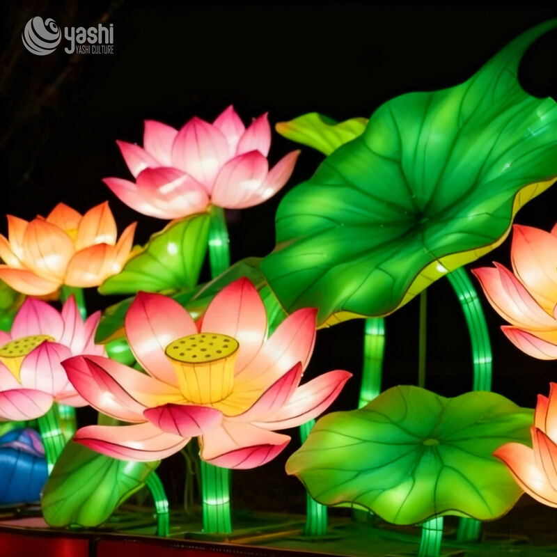 Niestandardowy Lotus Flower with Leaf LED Lantern Set, tradycyjna chińska rzeźba z lilii wodnej na Park Pond Light Festival