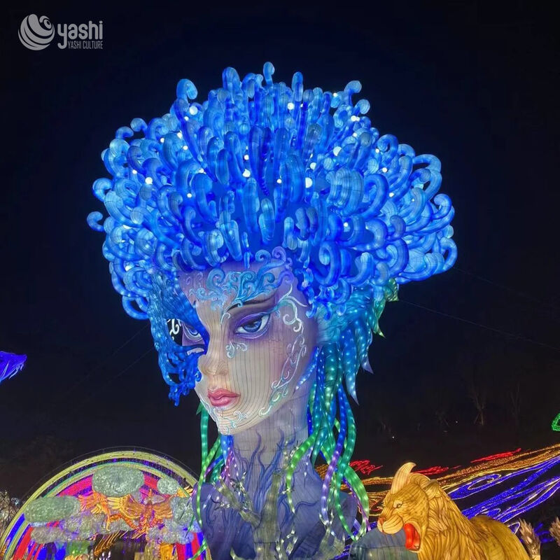 Custom Mystical Blue Ocean Goddess & Sea Dragon Zigong Lantern, Fantasy Character LED Light Sculpture, Waterproof Outdoor Theme Park Light Installation