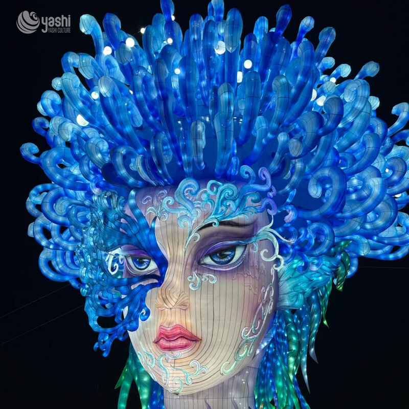 Custom Mystical Blue Ocean Goddess & Sea Dragon Zigong Lantern, Fantasy Character LED Light Sculpture, Waterproof Outdoor Theme Park Light Installation