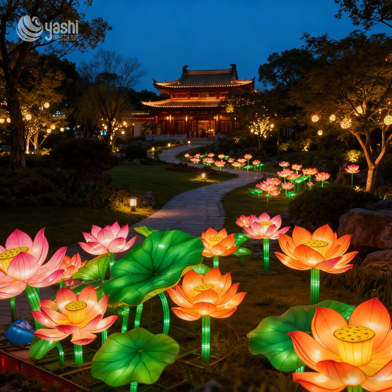 Niestandardowy Lotus Flower with Leaf LED Lantern Set, tradycyjna chińska rzeźba z lilii wodnej na Park Pond Light Festival